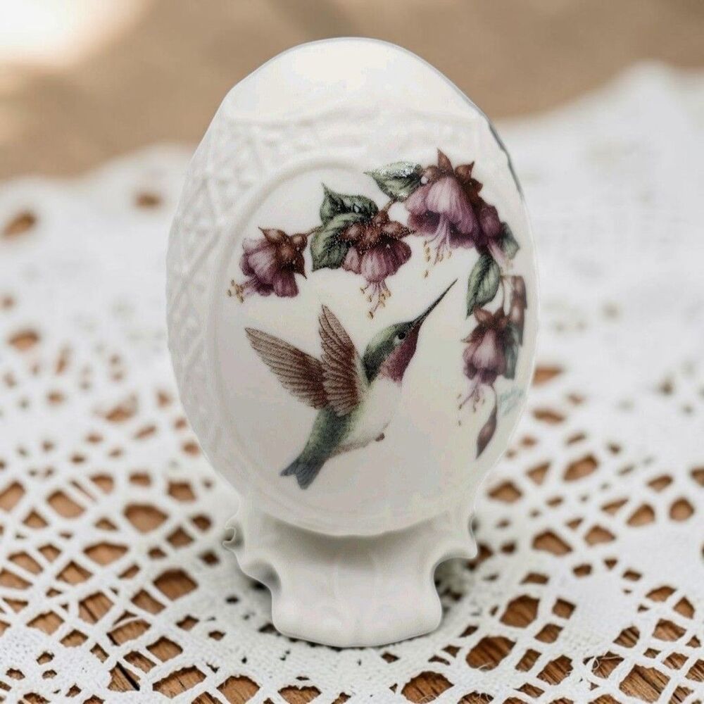 Vintage Kathy Seek Porcelain Egg with Stand Hummingbird Purple Flowers Embossed